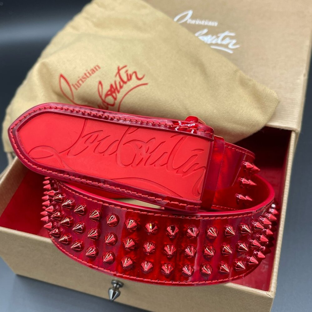 NEW Christian Louboutin LOUBI Logo Spike Studded Leather Belt Red
